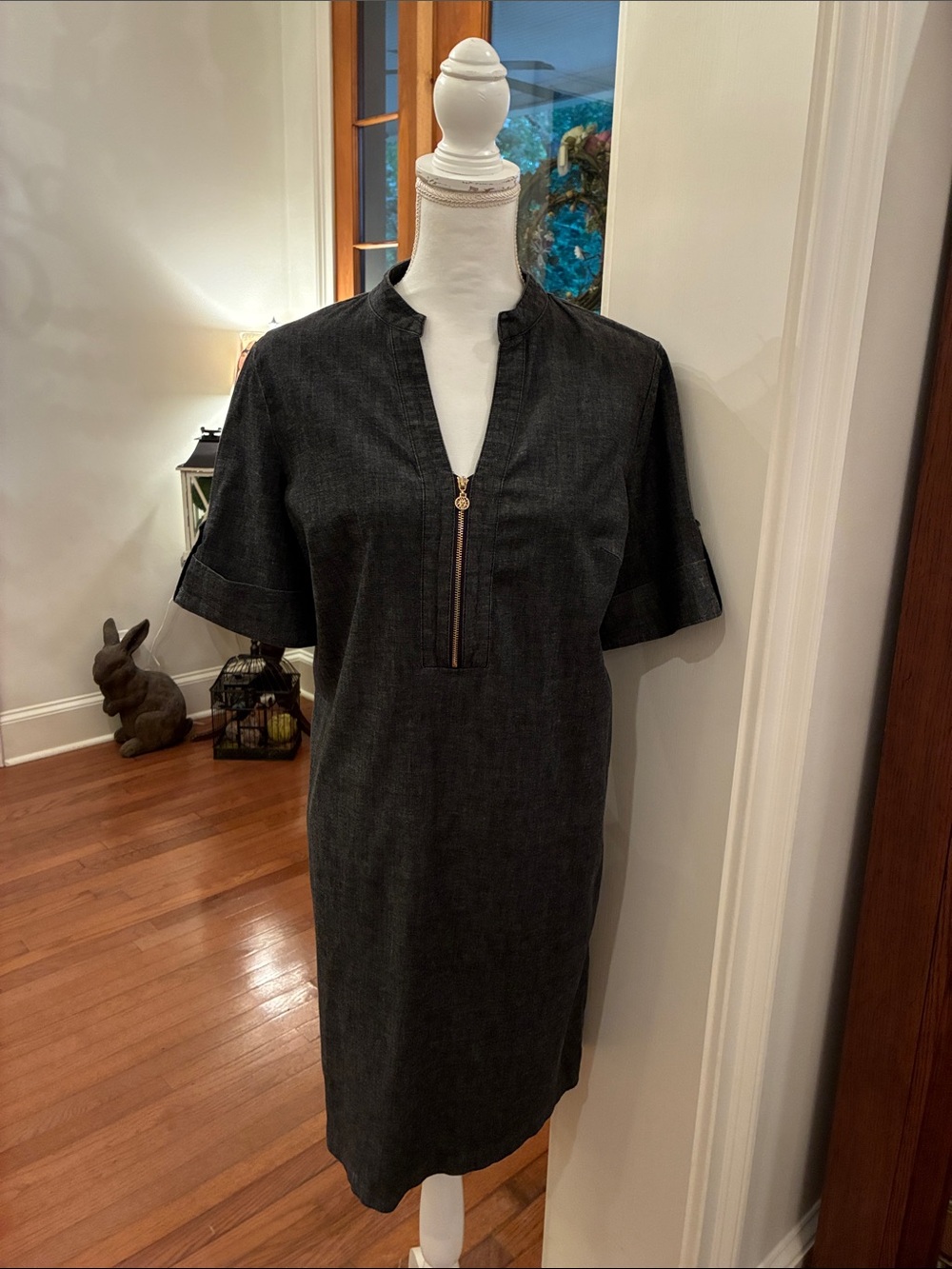 Anne Klein Dark Charcoal Denim Zip-Front Midi Dress